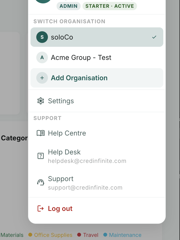 Multi-organisation switcher and profile menu