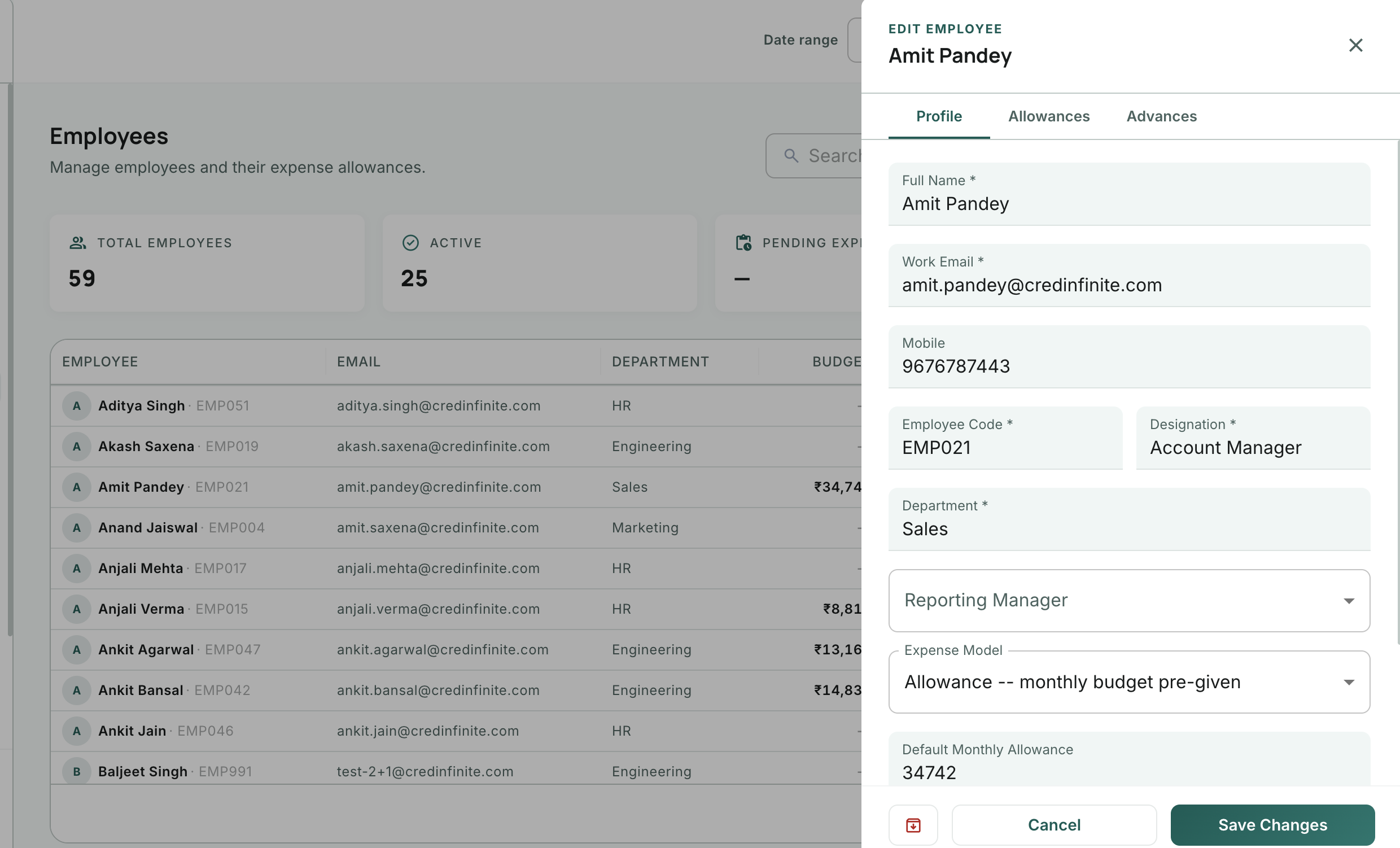 Employee edit drawer with profile and allowances tabs