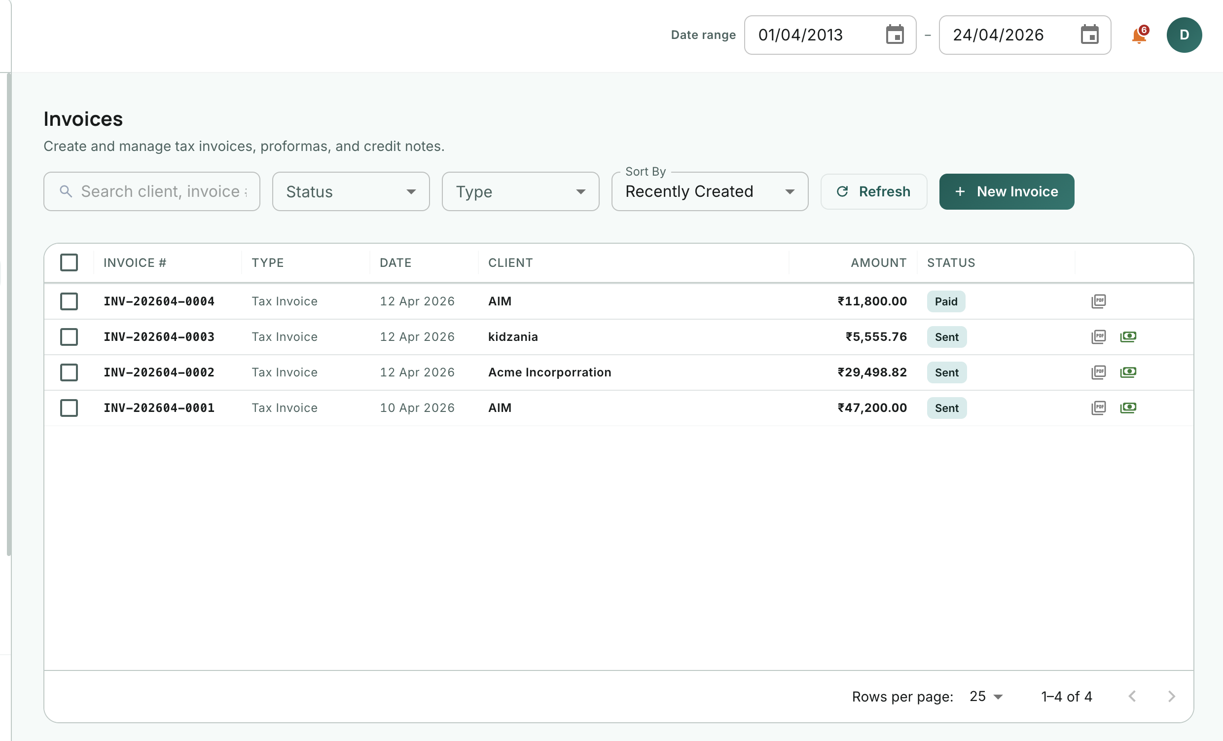 Invoice management list with status chips